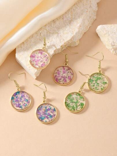 1 Pair Bohemian Style Real Dried Ditsy Floral Round Earrings In Red, Pink, White, Purple & Blue Colors, Suitable For Daily Wear