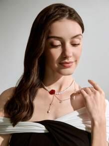 Faux Pearl & Flower Charm Y Lariat Necklace Valentines,Mom,Mother,Mother's Day,Gift