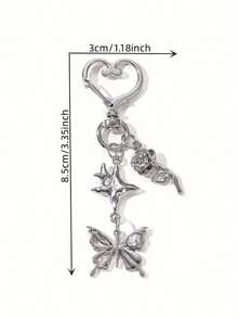 金属圆形吊饰银色蝴蝶和星玫瑰钥匙扣 - 送给女性、包袋和汽车的完美礼物，蝴蝶钥匙扣，银色金属钥匙扣，可作为礼物的钥匙配件，豪华汽车钥匙扣，女士时尚钥匙圈