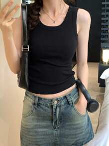 Women's Summer Solid Color Round Neck Casual Black Tank Top