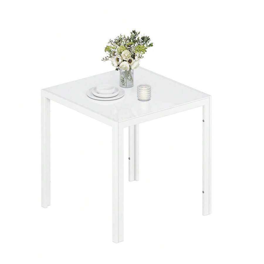Jooli H 75x75cm Dining Table, White Kitchen Table With Tempered Glass Top And Metal Frame For Dining Room, Kitchen, Home Office
