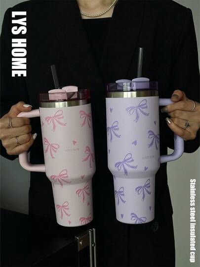 1pc 40oz-14oz Stainless Steel Insulated Tumbler With Bow Design, Large Capacity Travel Mug With Handle, Suitable For Car, School, Office, Outdoor, Gym, Home, Great Gift For Women And Teens, Holiday Gift, Birthday Gift (With Straw)