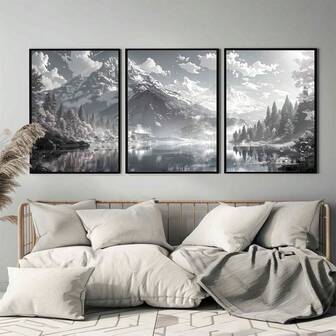 3 st svartvita posters med bergsjölandskap, snöberg, sjö naturlandskap heminredningsmålning, vardagsrum, sovrum, kontor heminredning väggkonst valfri ram