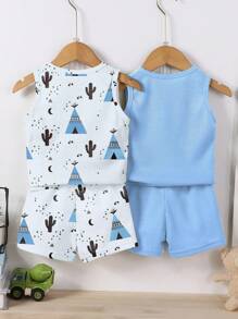Set da 4 pezzi per neonato maschio, composto da canotta a fantasia di cactus e tinta unita in maglia waffle con collo tondo, più pantaloni, outfit casual di moda per l'estate