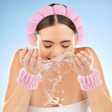 1 Face Washing Headband/2 Face Washing Wrist Straps/3 Set Of Hydrotherapy Headbands, Makeup Headbands, Face Washing Headbands, Skincare Headbands, Pink Velvet Fluffy Sponge Headbands, Bows, Bubbles, Hydrotherapy Headbands, Wristbands, Set Of Women's And Girls' Hair Accessories