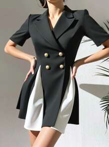 Vestido Linha-A Elegante com Cintura Marcada, Design de Contraste Preto e Branco, Confortável para o Dia a Dia/Trabalho