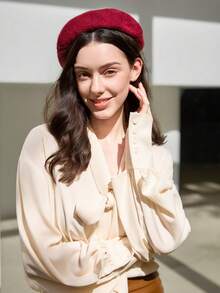 Women's Fashion Elegant Solid Minimalist Beret Hat, Casual Winter Gifts - Burgundy - View 3