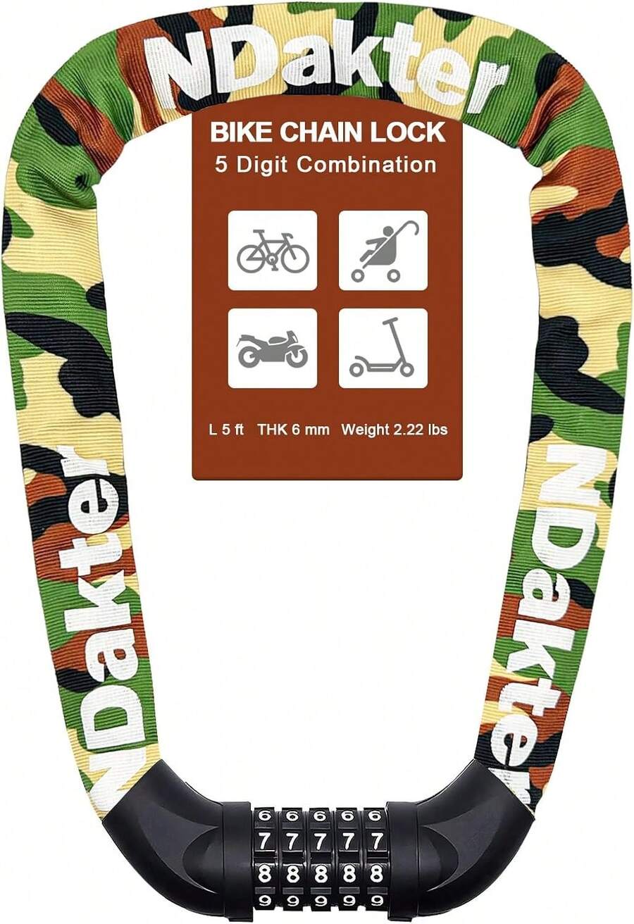 NDakter Bike Chain Lock, 5 Digit Combination Heavy Duty Anti Theft Bicycle Chain Lock,2.62/3.2/4.27/5/6Ft Long Security Resettable Bike Locks For Bike, Bicycle, Scooter, Door, Gate, Fence-4/6mm Thick - Camouflage - View 1