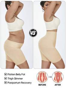 女式高腰弹力修身紧身裤，超柔软单层，膝盖长度 - 杏色 - 查看 1