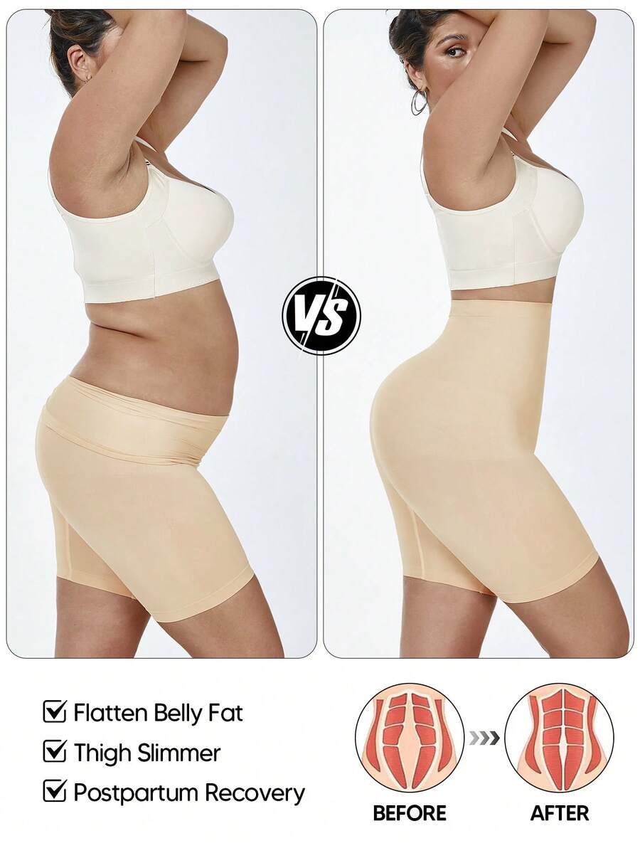 女式高腰弹力修身紧身裤，超柔软单层，膝盖长度 - 杏色 - 查看 1