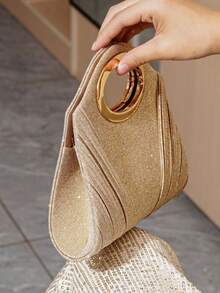 Lightweight Business Casual Rhinestone Decorated Bucket Bag Mini Drawstring Design, Transparent Faux Pearl Evening Bag, Charming, Elegant, Exquisite, Low-Key Luxury, Rhinestone Accents, Suitable For Party Girls, Women, Brides, Perfect For Parties, Evening/Banquet, Christmas Party Dresses. - Champagne - View 4