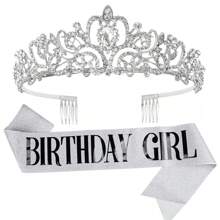 2pcs/Set Baroque Rhinestones Birthday Princess Queen Sash Ribbon Birthday Queen Crown Tiara Rhinestone Birthday Headbands Birthday Sash With Ribbon Pearl Pin Happy Birthday Crown And Sash Ribbon For Birthday Party Ball Decoration Bridal Tiara For 13th 16th 18th, 20th, 30th, 40th, 50th, And 60th 70th 80th Birthdays - Add A Touch Of Elegance To Your Party Decorations Party Supplies Ribbon