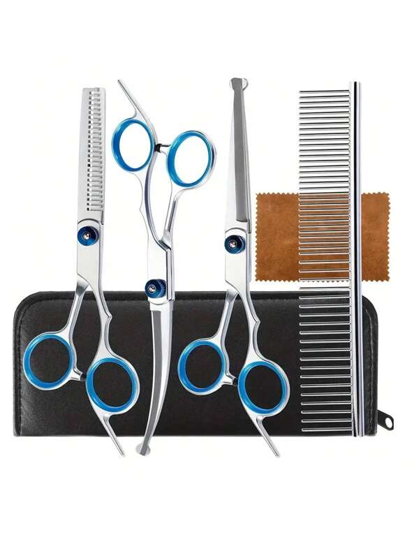 Professional Stainless Steel Pet Grooming Scissors Set - Includes Straight & Curved Blades, Safe Round Tips For Dogs, Cats, Rabbits Fur Cutting & Trimming, Pet Grooming Tools