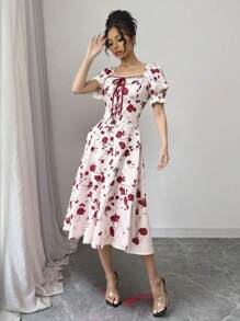 Vestido casual de verão, elegante e romântico, com estampa floral de rosas, manga bufante e cordão, comprimento midi