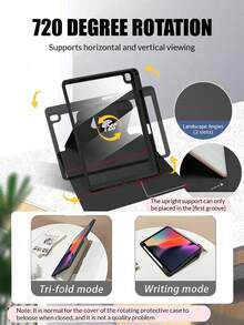1pc, Stylus Holder + 720° Rotatable IPad Tablet Protective Case, Marble Pattern Design, For IPad Pro 2024 13-Inch/5th/6th/7th, IPad Air6 2024 4th/5th/8th/9th/10th, With Hollow Logo Hole, Anti-Drop Anti-Shock, Auto Wake/Sleep, Hard Back Soft Edge Design, Horizontal & Vertical Stand. Material: PU Leather + 1.5MM Thick Acrylic Hard Shell, Purchase As Needed (Please Read Description Before Ordering!) - Black - View 4