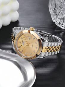 RICECGO RICECGO 1 pieza Reloj de cuarzo clásico para hombre - Estilo de negocio, esfera circular, pantalla de calendario dual, correa de acero inoxidable, movimiento de cuarzo, adecuado para uso diario, regalo ideal para cumpleaños u ocasiones especiales, regalo del Día del Padre