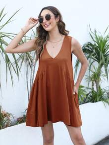 Women's Summer Sleeveless Mini Dress Casual Loose V Neck Sundress With Pockets - 鏽棕色 - 查看 4