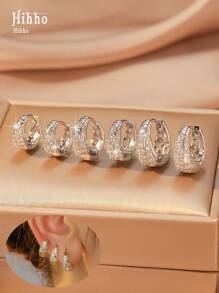 Hihho 6pcs Simple Sparkling Zirconia Embedded Copper Hoop Earrings Set, Fashionable Small, Medium, Large And Rugged Jewelry For Women, Suitable For Birthday, Vacation, Party, Holiday, Date Gift, Pairs With Daily Outfits