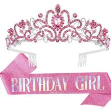 2pcs/Set Baroque Rhinestones Birthday Princess Queen Sash Ribbon Birthday Queen Crown Tiara Rhinestone Birthday Headbands Birthday Sash With Ribbon Pearl Pin Happy Birthday Crown And Sash Ribbon For Birthday Party Ball Decoration Bridal Tiara For 13th 16th 18th, 20th, 30th, 40th, 50th, And 60th 70th 80th Birthdays - Add A Touch Of Elegance To Your Party Decorations Party Supplies Ribbon