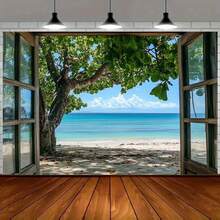 1 Stück Naturstrandomhang Fotohintergrund Tuch, Fensterbaum, grüne Blätter, Meersicht, Stranddekorationshintergrund, Fotorequisiten, Tapete, Landschaftsfotostudio Hintergrundvorhang, geeignet für Geburtstagsfeiern, Outdoor-Feiern, Urlaubsveranstaltungen, Partybanner, mit verschiedenen Größen zur Auswahl
