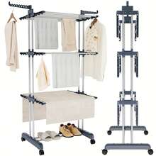 4-Tier Adjustable Rolling Clothes Drying Rack - Foldable Stainless Steel Laundry Hanger with Casters for Indoor & Outdoor Use, Large Capacity Garment Dryer, Drying Racks - Gris - Ver 2