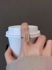 1入春季/專屬設計的高端仿珍珠女士精緻銅微嵌鋯石開口戒指,適合節慶/派對/商務/校園/日常穿著,歐洲風格/ - 銀色 - 查看 4