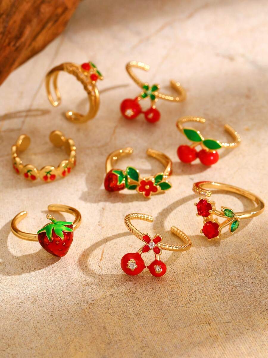 3/2/1pc Cute Metal Green Leaf, Red Cherry, Strawberry Rings, Suitable For Women's Daily/Holiday Wear