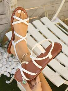 Sandalias planas para mujer, estilo romano de verano con puntera abierta, correa trenzada sin respaldo, calzado cómodo de verano para uso diario, diseño de puntera abierta a la moda, transpirable, sandalias casuales versátiles, adecuadas para cualquier atuendo en colores negro, blanco y marrón