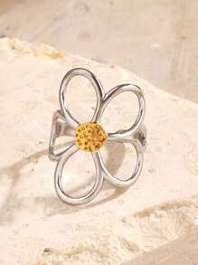 1 pieza Anillo con diseño floral dramático de acero inoxidable enchapado en oro de 18K, joyería de moda para que las mujeres puedan usar a diario, de viaje o en fiestas