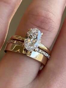 rundraw 3件套独特椭圆形切割立方氧化锆新娘套装，订婚戒指，承诺戒指，结婚戒指套装，永恒戒指，适合作为礼物，圣诞节，新年珠宝礼品 - 金色 - 查看 1