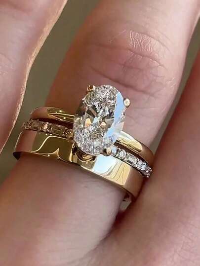 4 件套独特椭圆形切割方晶锆石新娘套装订婚戒指礼物送给她承诺戒指婚礼套装永恒和纯色戒指套装戒指可作为礼物、圣诞节和新年珠宝礼物