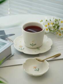 1 pieza Juego de taza y platillo de cerámica con asa, elegante taza de té con relieve floral pequeño y mariposa, taza de café/té de moda con asa, taza de agua para el hogar de vuelta a la escuela