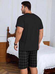 2pcs/Set Men's Plus Size Casual Loose Plaid Short Sleeve T-Shirt And Shorts Pajama Set, Spring/Summer