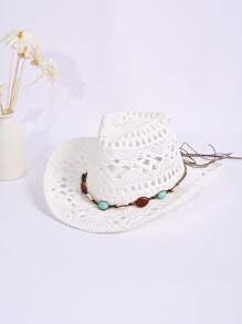 1 Peça Chapéu do Panamá Boêmio de Cor Sólida com Contas e Recortes, Chapéu de Sol Decorativo Casual com Proteção UV, Moda Combinável para Atividades ao Ar Livre, Todas as Estações