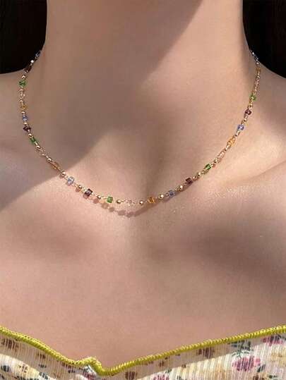 Colorful Dopamine Crystal Necklace For Women, Delicate Collarbone Niche Chain
