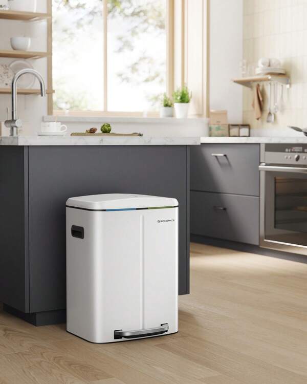 Double Rubbish Bin, 2 X 20L Kitchen Bin, Dual Compartment Metal Step Bin, With Plastic Inner Buckets, Soft-Close Lids, And Handles, Odour Seal, White