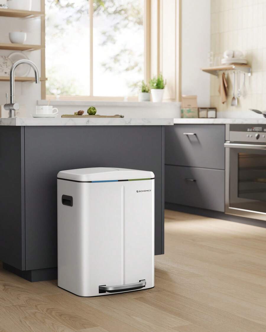 Double Rubbish Bin, 2 X 20L Kitchen Bin, Dual Compartment Metal Step Bin, With Plastic Inner Buckets, Soft-Close Lids, And Handles, Odour Seal, White