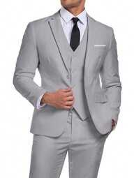 חליפות גברים של Furuyal ג'נטלמן Simple Slim Fit Business 3 חלקים חליפת 3 חלקים לגברים בלייזר ווסט מכנסיים סט מסיבת חתונה נסיעות חג נסיעות אפור בהיר מידה XS-3XL