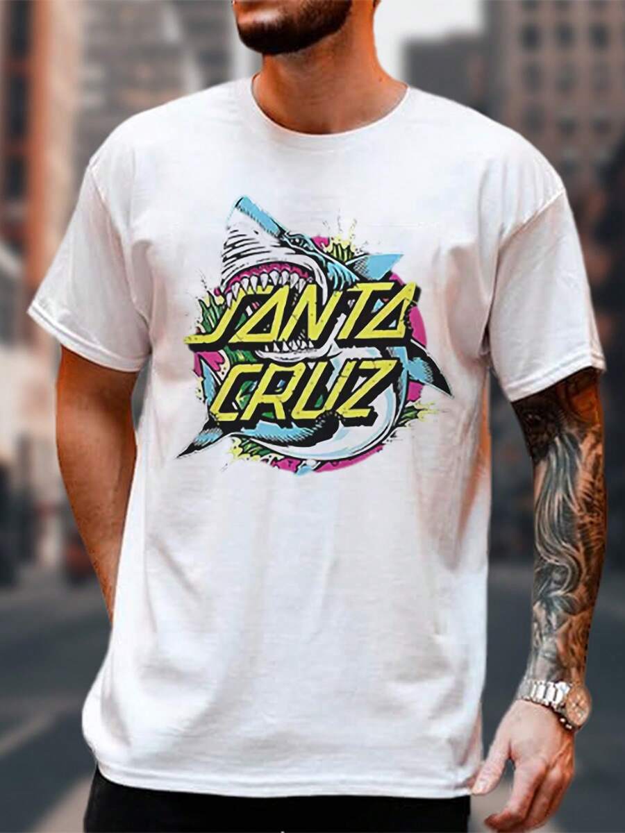 Camiseta para hombre con estampado de tiburón multicolor y la palabra "SANTA CRUZ" Estilo divertido y vibrante 220g algodón puro y denso - Blanco - Ver 1