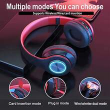 Wireless Headphones With Colorful LED Lights, 2025 New Comfort Foldable Over Ear Headset With Built-In Microphone, SD Card Slot, Active Noise Cancelling, Deep Bass Stereo, Long Standby Time, Gift For Game/Birthday/Valentine's Day/Boy/Girlfriends - 黑色 - 查看 3