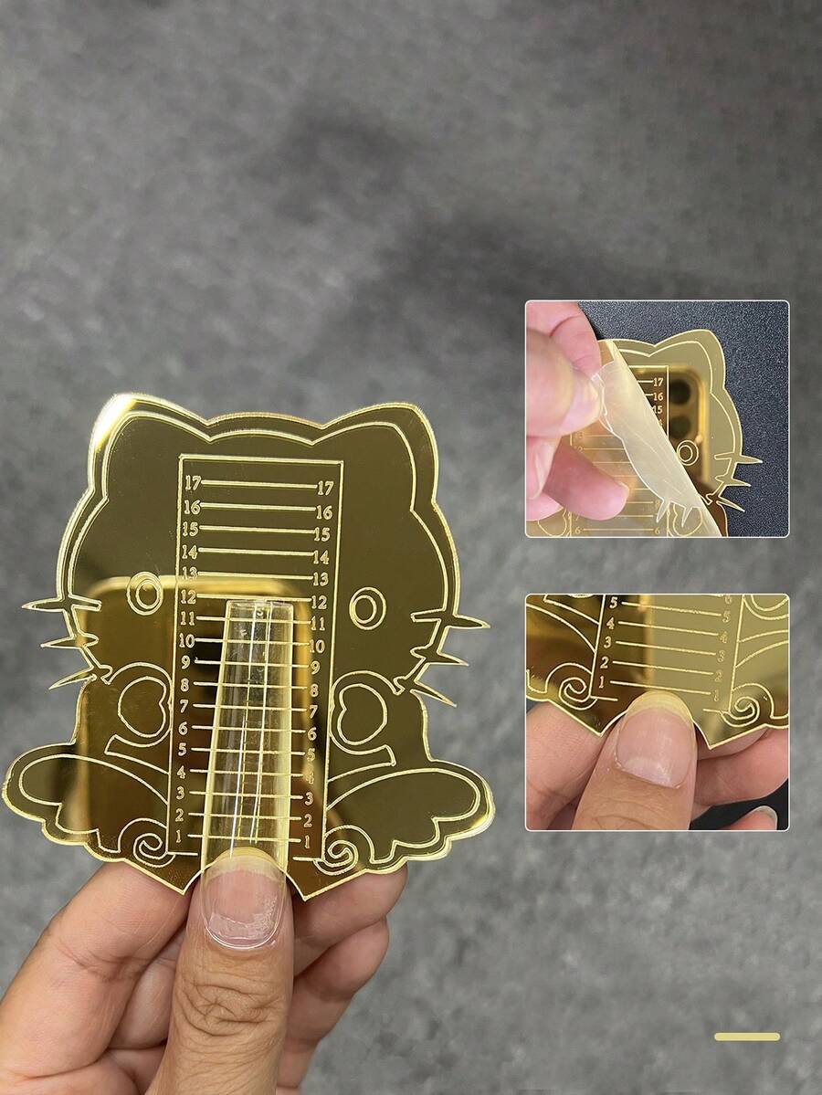 1 pieza Regla de espejo acrílico dorado para uñas para recortar a la misma longitud, herramienta de medición de longitud de uñas con diseño de gato linda para salón o uso en casa