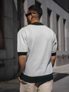 Unisex Loose Casual Polo Collar Short Sleeve Knit Pullover Top, Korean Style, Spring/Summer - White - View 4