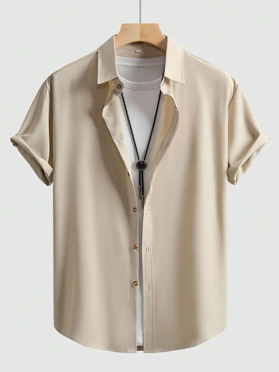 Men's Solid Color Business Casual Short Sleeve Shirt - Khaki - View 1