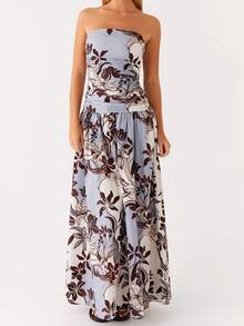 Women's Strapless Tube Top Dress Stylish Floral Print Sleeveless A Line Tube Long Dress For Spring  Summer - Coffee - View 5