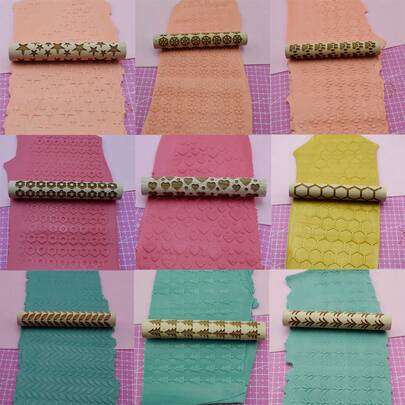 10厘米木质滚筒，适用于聚合物粘土DIY纹理制作陶瓷花朵/叶子/心情太阳/心形/波浪/树皮/星星图案压花擀面杖