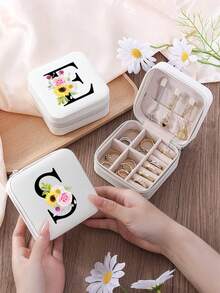 1 件花卉首字母首饰盒、A-Z 字母旅行首饰盒、伴娘、结婚礼物、字母戒指盒、女士礼品盒、PU 皮革首饰盒（用于戒指、吊坠、耳环、项链等） - 女孩和女士礼品盒。