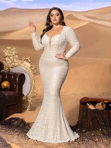 Faeriesty Haute Glamour Plus Elegant Heart-Shaped Neckline Long Sleeve Sequin Fishtail Evening Gown - Red Carpet, Galas, Formal Weddings, Upscale Parties - Rượu sâm banh - Xem 6