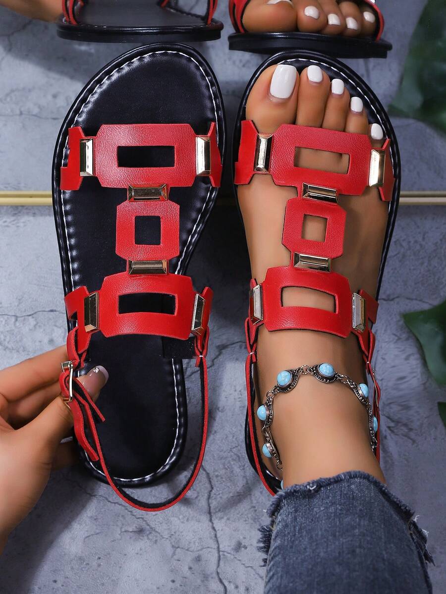 女士铆钉镂空舒适平底凉鞋，纯色波西米亚风PU皮革铆钉搭扣平底凉鞋，适合海滩、婚礼、派对、办公室、居家、户外、夏季穿着 - 紅色 - 查看 1