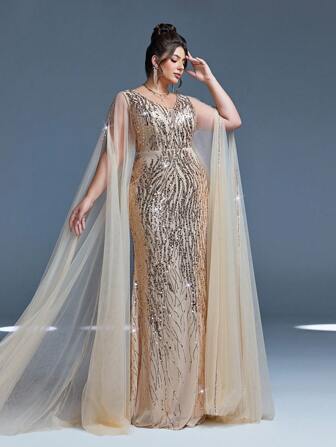 MgiacyV领网眼露肩双层超长袖亮片修身美人鱼长裙