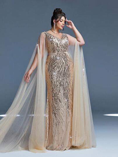 Vestido largo tipo sirena ajustado con manga extra larga, doble capa, hombros descubiertos, cuello en V y detalles de lentejuelas